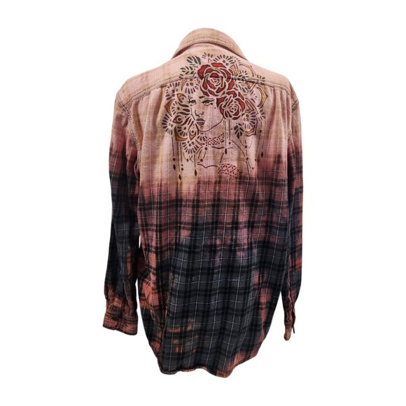 Upcycled Hand PaintedFlowers Butterflies Flannel Shirt - Bleached Red M - Picture 5 of 10